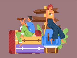 Holiday travel travel characters internet background vector hand drawn illustration

