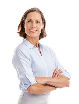 Portrait, Happy And Business Woman Arms Crossed In Studio Isolated On A White Background. Face, Professional And Mature Female Entrepreneur From Australia With Confidence Mindset And Happiness.