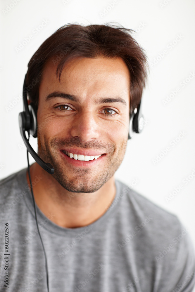 Poster Portrait, call center and consultant man isolated on white background in virtual communication or technical support. Face of business agent or happy telecom person for telemarketing in studio mockup