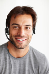 Portrait, call center and consultant man isolated on white background in virtual communication or technical support. Face of business agent or happy telecom person for telemarketing in studio mockup