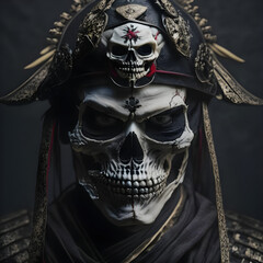 Fototapeta premium pirate skull and crossbones, skeletal samurai , skeletal samurai with pirate hat, Samurai Skull.