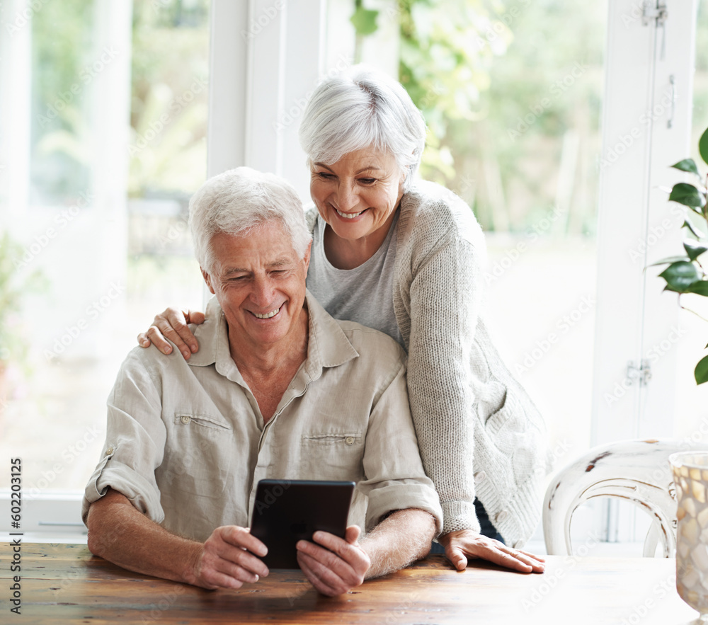 Poster Tablet, happy old couple and online in home with social media, reading news app and ebook. Retirement, senior man and woman with digital technology for subscription, streaming and network connection