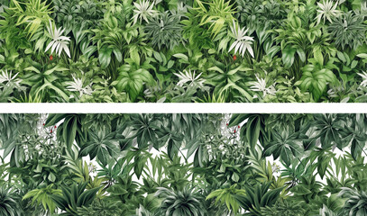 seamless tropical leave foliage jungle plant horizontal arrangement, nature backdrop isolated on white , Generative AI.