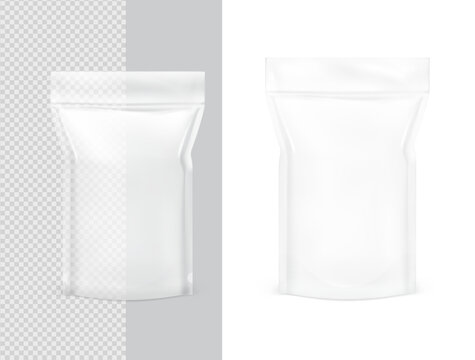 Clear stand up pouch bag isolated on white and transparent background. Vector illustration. Front view. Can be use for template your design, presentation, promo, ad. EPS10.