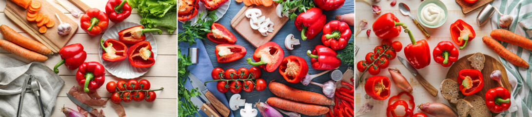 Collage with many ripe vegetables on wooden table, top view