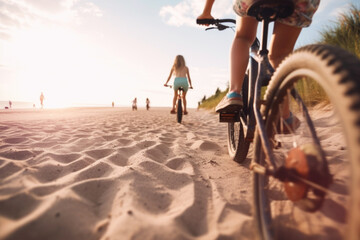 Children riding bicycles on the beach in the summertime, Generative AI