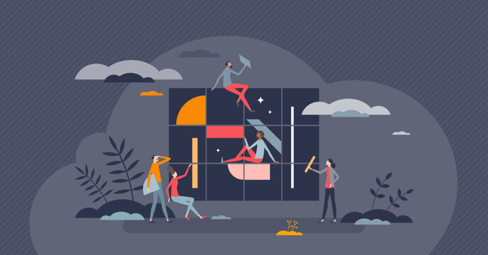 Creative teamwork with solution and strategy management tiny person concept. Innovative collaboration to succeed business challenge vector illustration. Partnership and assistance for project tasks.