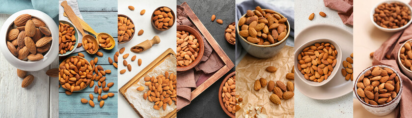 Collage with many tasty almonds