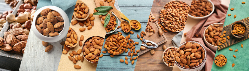 Collage with many tasty almonds