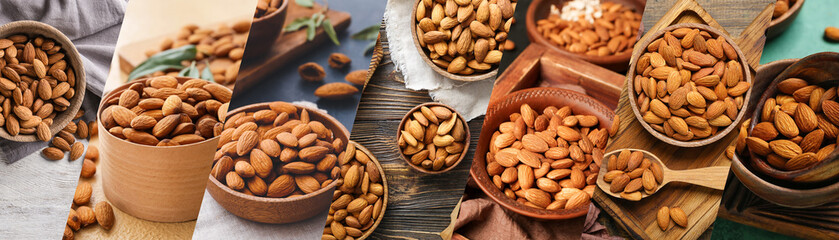 Collage with many tasty almonds