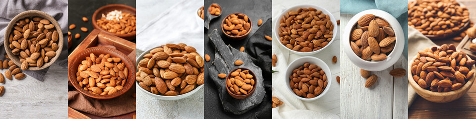 Collage with many tasty almonds