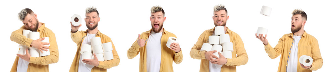 Set of young man with many rolls of toilet paper on white background