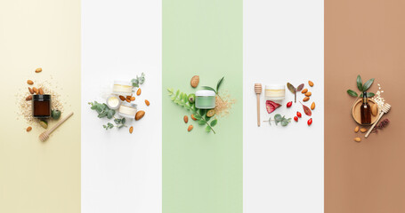 Collage of natural cosmetic products, top view