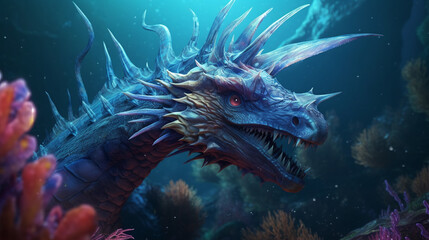 Fototapeta na wymiar Sea dragon underwater, dragon Illustration, monster sea dragon. Generative AI
