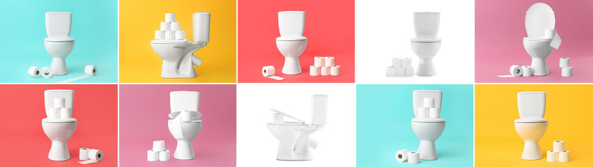 Set of toilet bowls and rolls of paper on color background