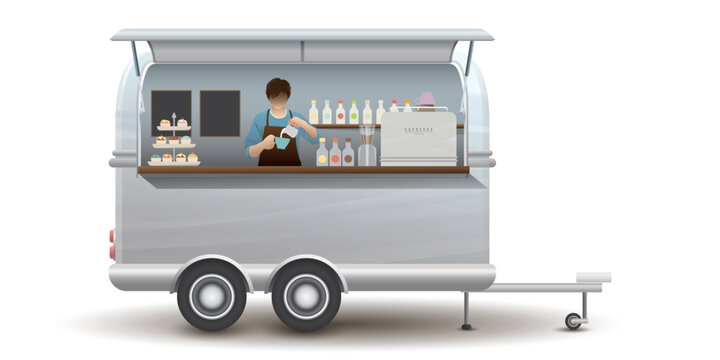 Street cafe van trailer with barista inside isolated vector illustration. Small business and street food concept.