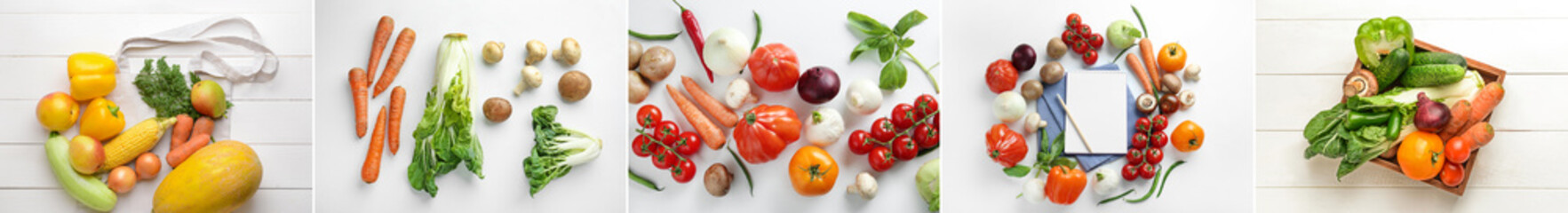 Collage with many fresh vegetables and fruits on white background