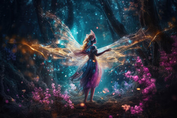 colorful magical dancing fairy in enchanted fantasy forest, generative AI