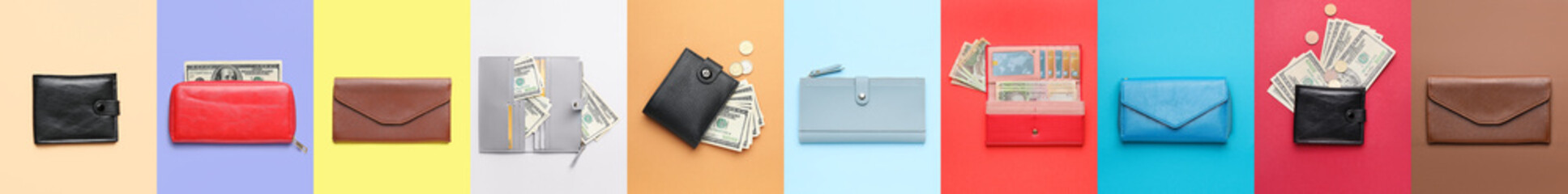 Set of wallets on colorful background
