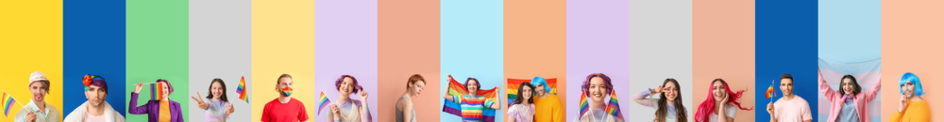 Many different people with LGBT flags on color background