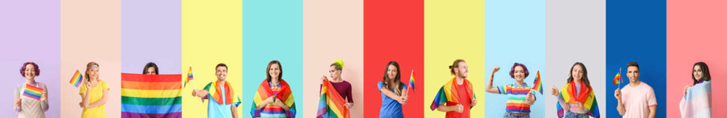 Many people with LGBT flags on color background