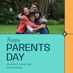 Composition of parents day text over asian couple with son and daughter