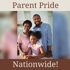 Composition of happy parents day text over happy african american parents with daughter embracing