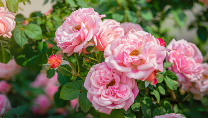 pink and white roses, Soft selective focus on rose blossoms, Natural floral spring background, background, spring floral wallpaper, Blooming rose bush