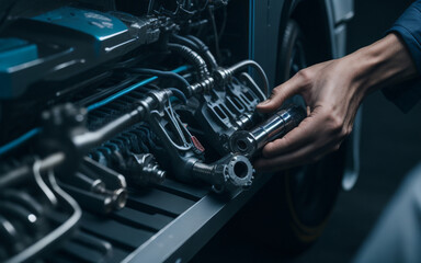 Close-up hand of an auto mechanic using measuring manifold gauge to check the refrigerant and checking for repair service support maintenance and car insurance. Generative Ai