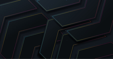 Abstract dark arrows sign with colorful led lights on dark background. Futuristic, technology concept background. Vector illustration