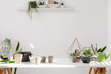 Florariums with gardening tools on table in room