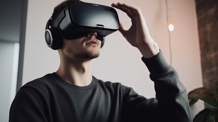 Young man wearing virtual reality goggles, Future technology and entertainment concept.Generative Ai