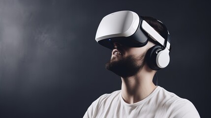 Young man wearing virtual reality goggles, Future technology and entertainment concept.Generative Ai