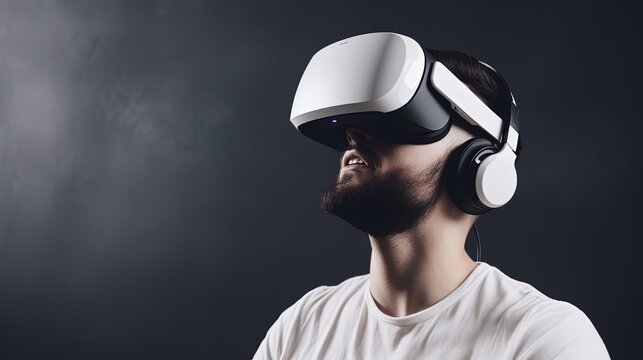 Young man wearing virtual reality goggles, Future technology and entertainment concept.Generative Ai