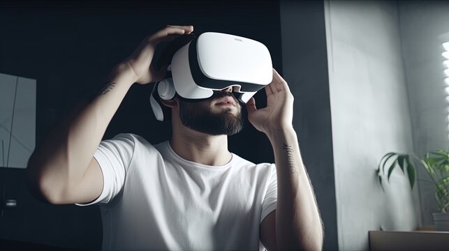 Young man wearing virtual reality goggles, Future technology and entertainment concept.Generative Ai