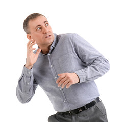 Scared mature man on white background