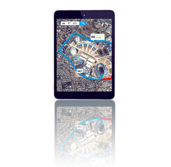 Tablet, online or location to travel on digital global road maps or direction route on white background. Mockup space, screen or mobile app ux display of journey trip, navigation or virtual guide