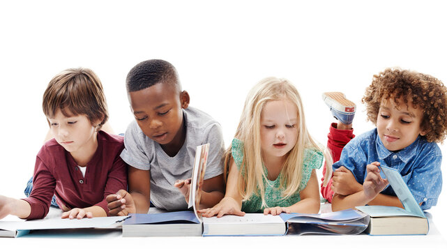 Reading, Books And Children Learning On The Floor Or Students Together And On A White Background. Kids, Information And Development Or School Growth Or Friends Happy To Learn And Isolated In Studio