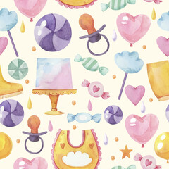 Cute watercolor style kids theme seamless pattern with ball, pacifier, hearts, stars and bip.