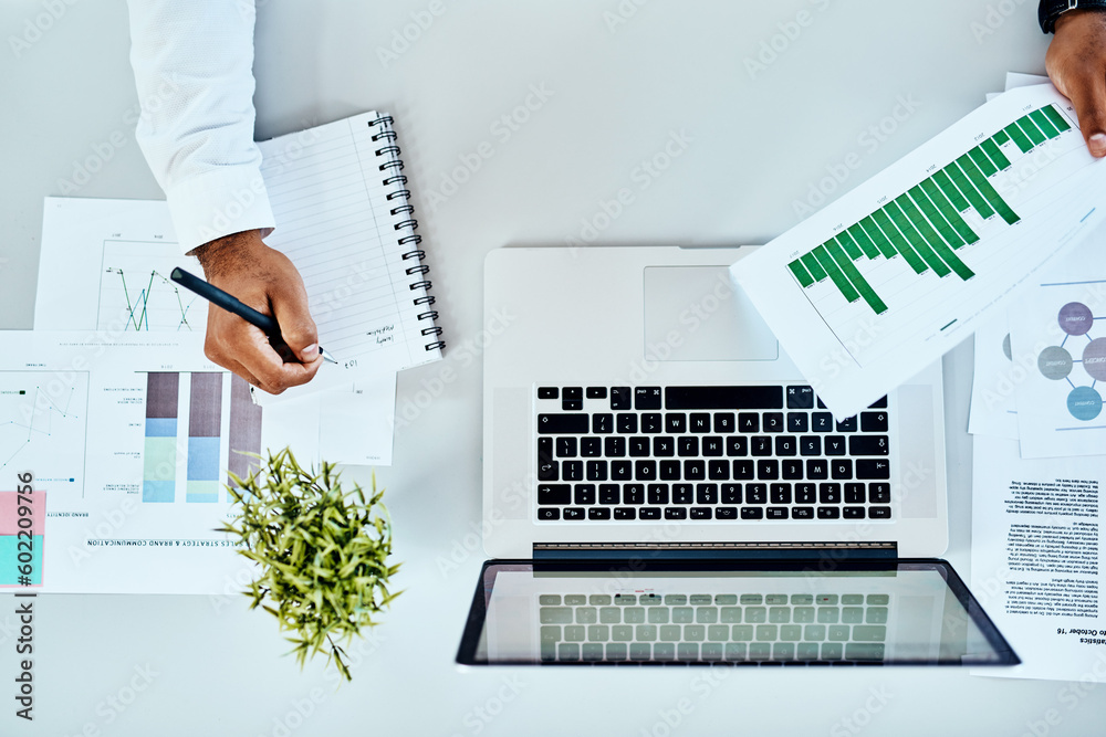 Poster Man hands, documents and notebook writing, data analysis and website growth or planning on laptop or desk. Charts, graphs and stats paperwork of business person ideas, computer and seo research above