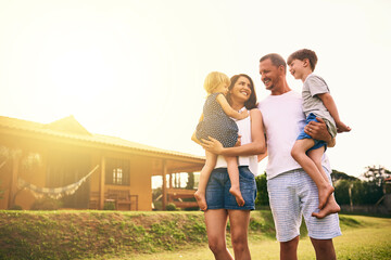 Family, bonding and new home with father, mother and kids with happiness and love. Outdoor, mockup and lens flare of a mom, dad and children together in a garden and backyard with a smile and care