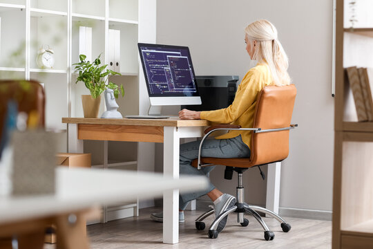 Mature female programmer working with computer at table in office