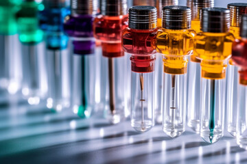 A row of colorful tubes with different colored lids are lined up in a dark room Ai Generative