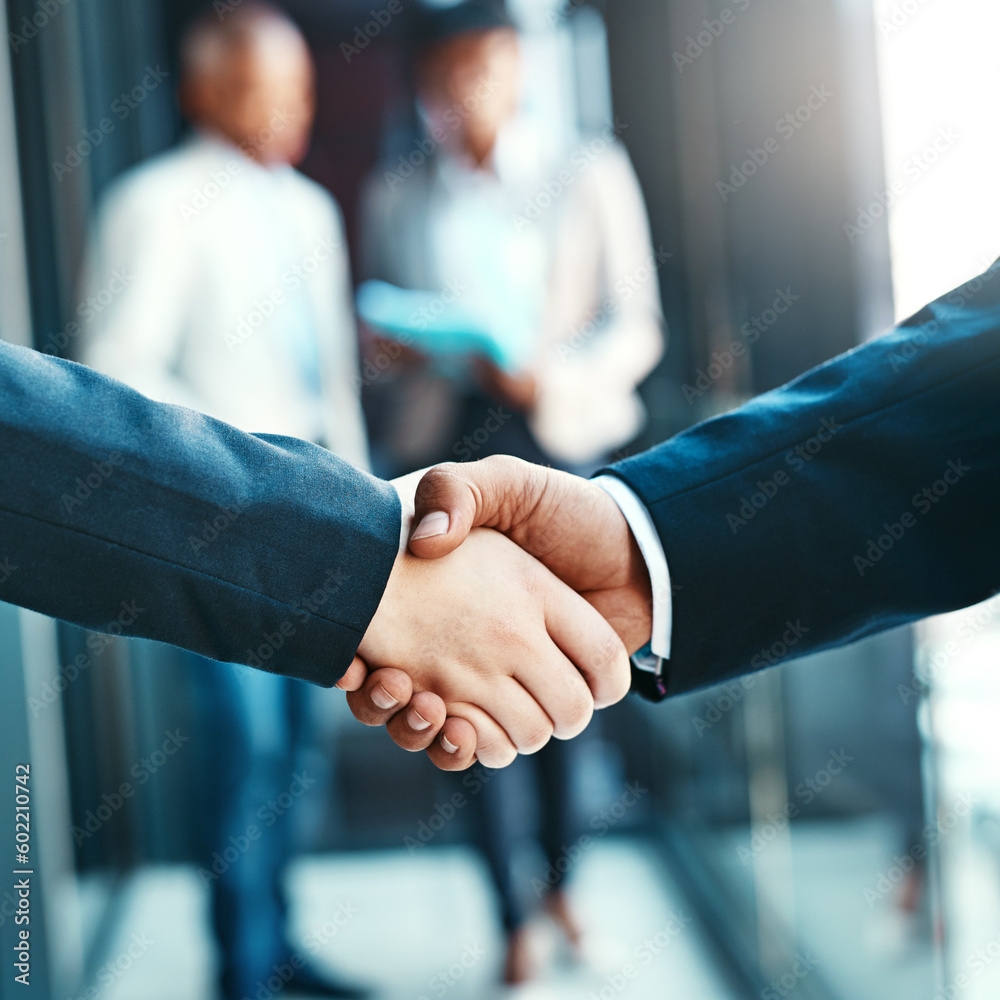 Aufkleber handshake, business people with agreement and support with networking, welcome and introduction. hir