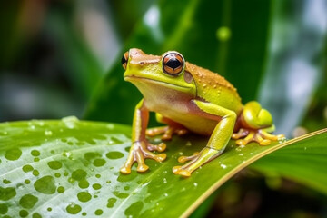 Naklejka premium green frog on a leaf Ai Generative