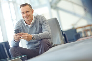 Travel, portrait or business man with phone for invest strategy, finance growth or financial review. CEO, airport or manager with smartphone for planning, data analysis or economy investment research