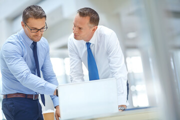 Fototapeta premium Business meeting, corporate or business people with laptop for invest strategy, finance growth or financial review. Teamwork in office building planning, data analysis or economy data research search