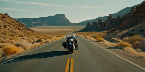 Fototapeta premium Motorcycle in a typical scenic American highway leading through the desert towards Monument Valley