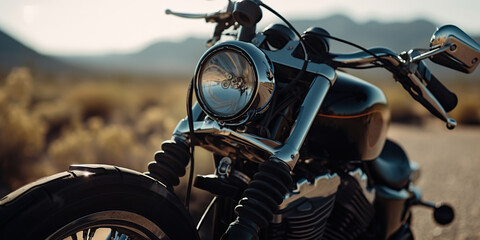 Motorcycle in a typical scenic American highway leading through the desert towards Monument Valley