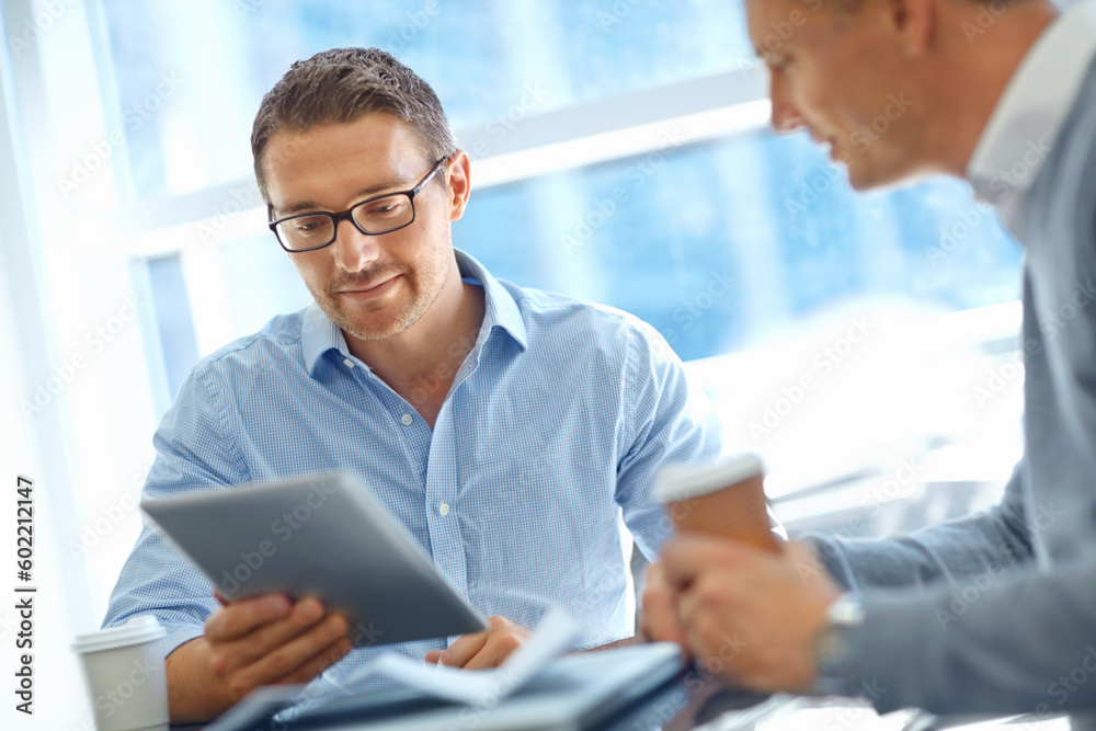 Poster Accountant, thinking or business people on tablet in airport for global invest strategy, finance growth or financial review. Teamwork in lobby for social media, data analysis or economy research blog